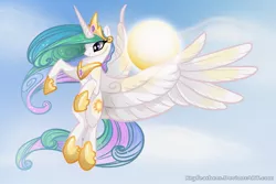 Size: 900x600 | Tagged: safe, artist:keyfeathers, derpibooru import, princess celestia, alicorn, pony, female, flying, large wings, majestic, mare, sky, solo, spread wings, sun, tangible heavenly object, wings