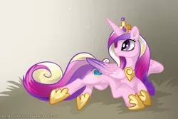 Size: 900x600 | Tagged: safe, artist:keyfeathers, derpibooru import, princess cadance, alicorn, pony, colored wings, female, gradient background, gradient wings, hay, looking back, lying down, mare, solo, spread wings, wings