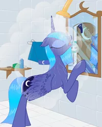 Size: 2862x3583 | Tagged: artist:rusilis, floppy ears, mirror, :p, princess celestia, princess luna, s1 luna, safe, shower, smiling, wet mane