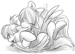 Size: 710x518 | Tagged: safe, artist:fizzy-dog, derpibooru import, cloudchaser, flitter, pegasus, pony, biting, bow, duo, duo female, ear bite, eyes closed, female, floppy ears, fluffy, grayscale, hair bow, happy, hooves, mare, monochrome, nibbling, one eye closed, open mouth, spread wings, wings