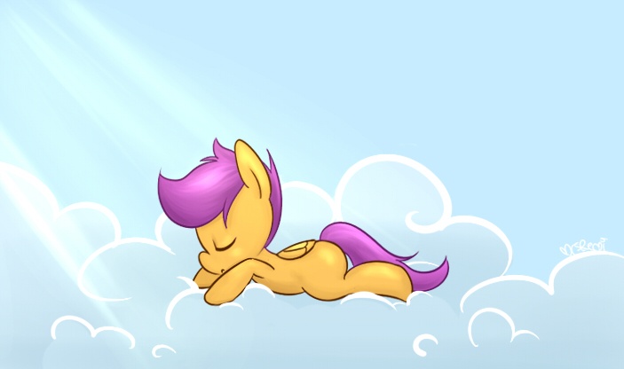 Size: 703x416 | Tagged: safe, artist:mrsremi, derpibooru import, scootaloo, pegasus, pony, blank flank, cloud, cloudy, crepuscular rays, cute, cutealoo, eyes closed, female, filly, nap, sky, sleeping, solo