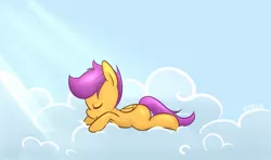 Size: 703x416 | Tagged: safe, artist:mrsremi, derpibooru import, scootaloo, pegasus, pony, blank flank, cloud, cloudy, crepuscular rays, cute, cutealoo, eyes closed, female, filly, nap, sky, sleeping, solo