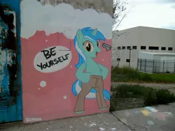 Size: 4320x3240 | Tagged: safe, artist:shinodage, derpibooru import, lyra heartstrings, pony, unicorn, be yourself, bipedal, clothes, graffiti, irl, pants, photo, ponies in real life, solo