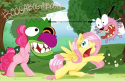 Size: 1280x828 | Tagged: artist:omgproductions, courage the cowardly dog, crossover, derpibooru import, fluttershy, mask, pinkie pie, safe