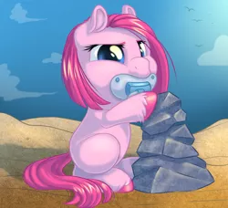 Size: 822x750 | Tagged: safe, artist:kittehkatbar, derpibooru import, pinkie pie, pony, baby, baby pie, baby pony, filly, pacifier, rock, unshorn fetlocks, younger