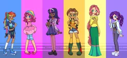 Size: 5870x2666 | Tagged: applejack, artist:looji, bandaid, book, clothes, derpibooru import, fluttershy, gloves, humanized, line-up, mane six, measuring tape, pinkie pie, rainbow dash, rarity, redraw, roller skates, safe, suspenders, twilight sparkle, winged shoes