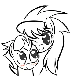Size: 1094x1128 | Tagged: safe, artist:tggeko, derpibooru import, cloudchaser, rumble, pegasus, pony, black and white, blushing, bust, colt, duo, female, grayscale, happy, head rub, male, mare, monochrome, no pupils, one eye closed, portrait, rumblechaser, shipping, simple background, smiling, straight, white background