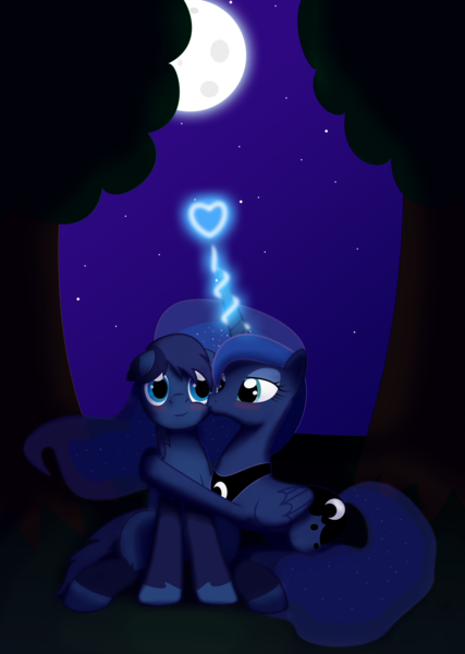 Size: 3000x4211 | Tagged: safe, artist:rusilis, derpibooru import, princess luna, oc, blushing, canon x oc, kissing, male, moon, smiling, straight