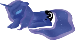 Size: 4699x2527 | Tagged: artist:rusilis, derpibooru import, eyes closed, eyeshadow, floppy ears, frown, princess luna, prone, sad, safe, simple background, solo