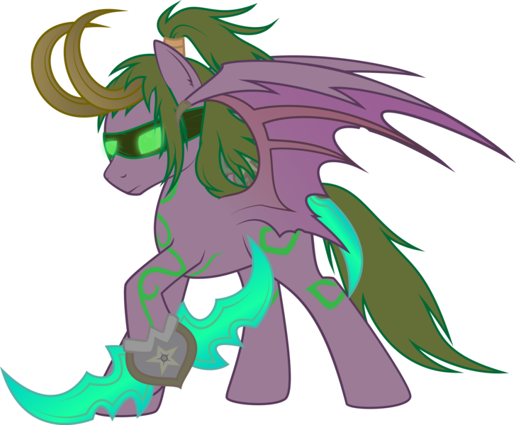 Size: 3963x3268 | Tagged: artist:rusilis, blindfold, derpibooru import, frown, glowing eyes, hoof hold, horns, illidan stormrage, ponified, safe, simple background, spread wings, transparent background, warcraft, world of warcraft