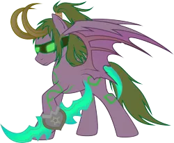 Size: 3963x3268 | Tagged: artist:rusilis, blindfold, derpibooru import, frown, glowing eyes, hoof hold, horns, illidan stormrage, ponified, safe, simple background, spread wings, transparent background, warcraft, world of warcraft