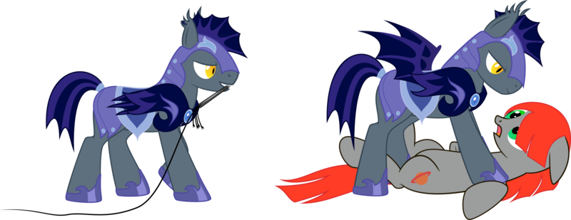 Size: 4566x1761 | Tagged: questionable, artist:rusilis, derpibooru import, oc, oc:up1ter, bat pony, pony, floppy ears, grin, imminent rape, night guard, on back, royal guard, smiling, spread wings, whip