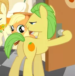 Size: 593x601 | Tagged: safe, derpibooru import, screencap, applejack, aunt orange, mosely orange, uncle orange, earth pony, pony, the cutie mark chronicles, door, female, filly, hoof hold, lidded eyes, male, mare, out of context, plot, stallion, younger