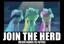 Size: 650x450 | Tagged: a canterlot wedding, artist:grumbeerkopp, crystal caverns, derpibooru import, edit, edited screencap, image macro, join the herd, lyra heartstrings, minuette, reaction image, resistance is futile, royal wedding, safe, screencap, twinkleshine