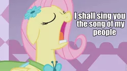 Size: 960x540 | Tagged: clothes, derpibooru import, dress, edit, edited screencap, eyes closed, fluttershy, gala dress, image macro, open mouth, roflbot, safe, screencap, solo, suited for success