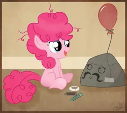Size: 1340x1192 | Tagged: safe, artist:balloons504, derpibooru import, pinkie pie, earth pony, pony, balloon, crayon, cute, filly, happy, moustache, rock, sitting, solo, younger