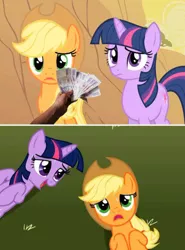 Size: 500x677 | Tagged: applejack, derpibooru import, edit, edited screencap, fistful of yen, implied sex, money, over a barrel, prostitution, screencap, suggestive, twilight sparkle