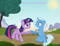 Size: 1024x795 | Tagged: safe, artist:mandydax, artist:superfluttershy100, derpibooru import, trixie, twilight sparkle, twilight sparkle (alicorn), alicorn, pony, female, hoofbump, lesbian, mare, shipping, twixie