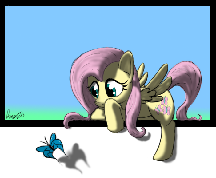 Size: 702x579 | Tagged: safe, artist:dragmodnotloc, derpibooru import, fluttershy, butterfly, pegasus, pony, breaking the fourth wall, female, mare, signature, simple background, solo, transparent background