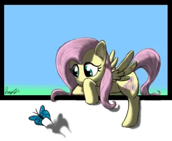 Size: 702x579 | Tagged: safe, artist:dragmodnotloc, derpibooru import, fluttershy, butterfly, pegasus, pony, breaking the fourth wall, female, mare, signature, simple background, solo, transparent background