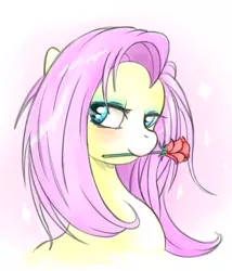 Size: 600x700 | Tagged: artist:junker, bedroom eyes, derpibooru import, eyeshadow, fluttershy, makeup, mouth hold, portrait, rose, safe, solo