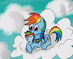 Size: 1280x1023 | Tagged: safe, artist:tggeko, derpibooru import, rainbow dash, oc, pegasus, pony, cleaning, colt, female, foal, licking, male, mare, mother and son, offspring, parent:rainbow dash, parent:unnamed oc, parents:canon x oc, tongue out