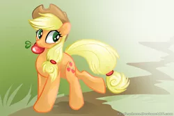 Size: 900x600 | Tagged: apple, applejack, artist:keyfeathers, derpibooru import, mouth hold, obligatory apple, safe, solo