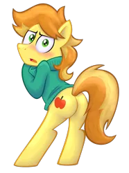 Size: 1209x1626 | Tagged: artist:acstlu, blushing, bottomless, braebetes, braeburn, braebutt, clothes, cute, derpibooru import, everypony's gay for braeburn, male, plot, solo, solo male, stupid sexy braeburn, suggestive, sweater