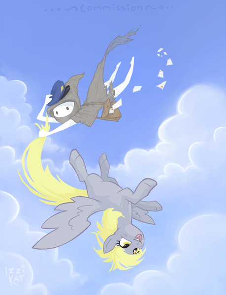 Size: 535x700 | Tagged: safe, artist:izzikat, derpibooru import, derpy hooves, pegasus, pony, cloud, cloudy, crossover, female, flying, happy, hat, homestuck, letter, mail, mailbag, mailmare hat, mare, peregrine mendicant, sky, tail, tail pull, upside down, wanderer