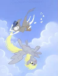 Size: 535x700 | Tagged: safe, artist:izzikat, derpibooru import, derpy hooves, pegasus, pony, cloud, cloudy, crossover, female, flying, happy, hat, homestuck, letter, mail, mailbag, mailmare hat, mare, peregrine mendicant, sky, tail, tail pull, upside down, wanderer