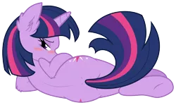 Size: 5000x2973 | Tagged: suggestive, artist:ambris, artist:zutheskunk traces, derpibooru import, twilight sparkle, unicorn, absurd resolution, back, bedroom eyes, blushing, both cutie marks, covering, ear fluff, female, looking at you, looking back, plot, side, simple background, solo, solo female, sultry pose, tail covering, transparent background, twibutt, unicorn twilight, vector, vector trace