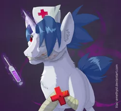 Size: 900x826 | Tagged: semi-grimdark, artist:lilac-amethyst, derpibooru import, ponified, unicorn, blood, eyepatch, insanity, levitation, magic, male, nurse, skullgirls, solo, stallion, syringe, telekinesis, valentine (skullgirls)