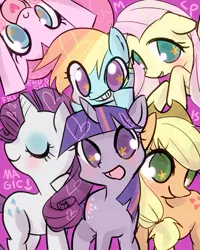 Size: 683x853 | Tagged: safe, artist:amnk, derpibooru import, applejack, fluttershy, pinkie pie, rainbow dash, rarity, twilight sparkle, earth pony, pegasus, pony, unicorn, cute, eyes closed, female, heart, looking at you, mane six, mare, open mouth, purple background, simple background, smiling, starry eyes, unicorn twilight, wingding eyes