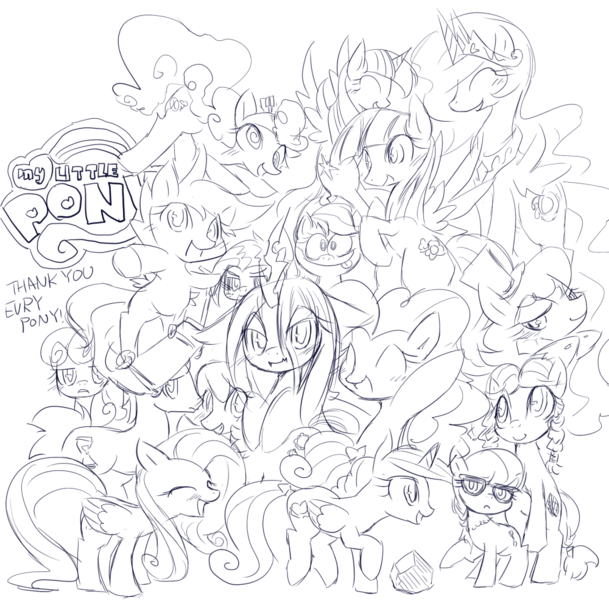 Size: 1000x985 | Tagged: safe, artist:kolshica, derpibooru import, applejack, babs seed, bon bon, doctor whooves, fluttershy, granny smith, pinkie pie, princess cadance, princess celestia, queen chrysalis, sapphire shores, scootaloo, screwball, silver spoon, sweetie drops, time turner, twilight sparkle, twilight sparkle (alicorn), alicorn, changeling, changeling queen, earth pony, pegasus, pony, unicorn, adorababs, adorabon, adorasmith, blushing, bon bon is not amused, cute, cutealis, cutedance, dancing, doctorbetes, elderly, female, glasses, male, mare, monochrome, my little pony logo, scooter, silverbetes, simple background, sitting, stallion, standing, teen princess cadance, teenager, tongue out, white background, yay, younger