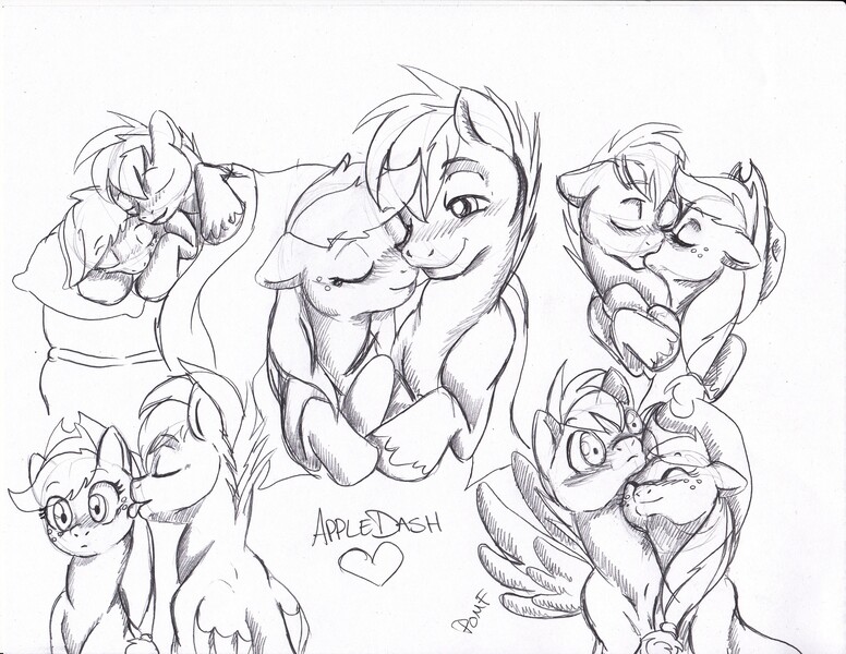 Size: 3300x2552 | Tagged: safe, artist:tristanjsolarez, derpibooru import, applejack, rainbow dash, earth pony, pegasus, pony, appleblitz (straight), appledash, bed, black and white, cuddling, female, grayscale, half r63 shipping, kissing, licking, male, mare, monochrome, nuzzling, rainbow blitz, shipping, sketch, sleeping, snuggling, stallion, straight