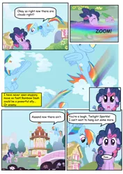 Size: 800x1132 | Tagged: safe, derpibooru import, rainbow dash, spike, twilight sparkle, dragon, pegasus, pony, unicorn, cloud, cloud busting, comic, female, friendship is betrayal, male, mare, ponyville town hall, town hall, unicorn twilight