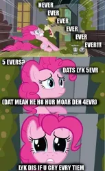 Size: 441x720 | Tagged: safe, derpibooru import, edit, edited screencap, screencap, cranky doodle donkey, pinkie pie, donkey, earth pony, pony, a friend in deed, 5ever, comic, duo, hilarious in hindsight, hub logo, lik dis if u cry evertim, screencap comic, yelling