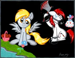 Size: 1395x1069 | Tagged: semi-grimdark, artist:rammzblood, derpibooru import, derpy hooves, pinkie pie, rainbow dash, rarity, oc, butterfly, pegasus, pony, axe, blood, female, flower, imminent death, implied murder, mare, muffin, sitting, sweat