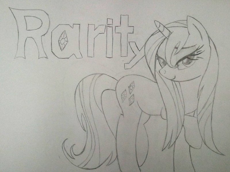 Size: 800x600 | Tagged: safe, artist:spyrod, derpibooru import, rarity, pony, unicorn, alternate hairstyle, female, grayscale, mare, monochrome, raised hoof, simple background, sketch, smiling, solo, text, traditional art, white background