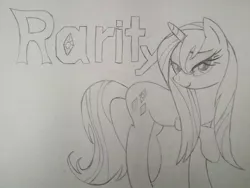 Size: 800x600 | Tagged: safe, artist:spyrod, derpibooru import, rarity, pony, unicorn, alternate hairstyle, female, grayscale, mare, monochrome, raised hoof, simple background, sketch, smiling, solo, text, traditional art, white background