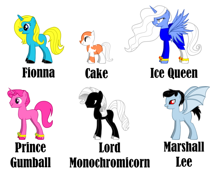 Size: 1740x1370 | Tagged: safe, artist:amx-269, derpibooru import, ponified, alicorn, bat pony, pony, pony creator, adventure time, bat wings, cake, cake the cat, finn the human, fionna, fionna the human, ice king, ice queen, jake the dog, lady rainicorn, lord monochromicorn, marceline, marshall lee, prince gumball, princess bubblegum, quality, rule 63, wat