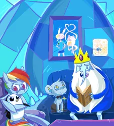 Size: 1410x1550 | Tagged: adventure time, artist:luna77899, book, cake, cake the cat, couch, crossover, derpibooru import, finn the human, fionna, gunther, ice king, jake the dog, painting, paper, penguin, pokémon, rainbow dash, reading, safe, shinx