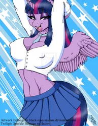 Size: 1280x1655 | Tagged: anthro, artist:black-rose-studios, artist needed, breasts, busty twilight sparkle, cleavage, clothes, dead source, derpibooru import, deviantart watermark, female, necktie, nipple outline, nipples, obtrusive watermark, skirt, solo, solo female, suggestive, twilight sparkle, twilight sparkle (alicorn), watermark