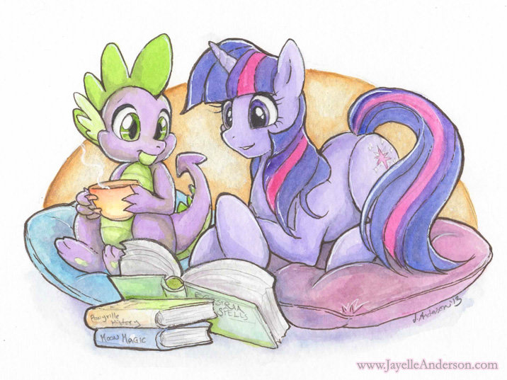 Size: 716x537 | Tagged: artist:jayelle-anderson, book, cup, derpibooru import, drink, pillow, reading, safe, spike, traditional art, twilight sparkle