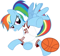 Size: 7000x6500 | Tagged: safe, artist:caliazian, derpibooru import, rainbow dash, pegasus, pony, .ai available, absurd resolution, ball, basketball, clothes, female, jersey, mare, ponytail, simple background, solo, sports, transparent background, underhoof, uniform, vector