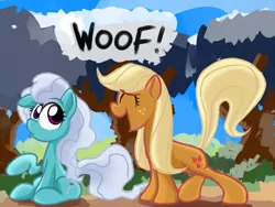 Size: 1260x945 | Tagged: safe, artist:epulson, derpibooru import, applejack, screw loose, earth pony, pony, behaving like a dog, duo, duo female, female, loose hair, woof