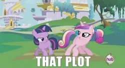 Size: 844x464 | Tagged: safe, derpibooru import, edit, edited screencap, screencap, princess cadance, twilight sparkle, alicorn, pony, unicorn, bedroom eyes, bow, butt shake, dat butt, duo, duo female, female, filly, filly twilight sparkle, hair bow, image macro, implied lesbian, implied shipping, implied twidance, looking at each other, looking back, mare, meme, plot, raised tail, sunshine sunshine, tail, tail aside, tail bow, teen princess cadance, the ass was fat, unicorn twilight, younger