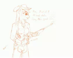 Size: 5000x4000 | Tagged: anthro, applejack, artist:devious-stylus, artist:sky bound, chaps, cowboy hat, derpibooru import, eyepatch, gun, hat, holster, mercenary, polo, rifle, safe, stetson