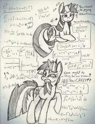 Size: 1280x1679 | Tagged: artist:wirelesspony, calculus, derpibooru import, frown, gritted teeth, math, messy mane, notes, prone, safe, solo, studying, traditional art, twilight snapple, twilight sparkle, unamused, wide eyes