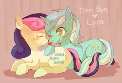 Size: 792x541 | Tagged: safe, artist:hanada, derpibooru import, bon bon, lyra heartstrings, sweetie drops, earth pony, pony, unicorn, blushing, boop, female, heart, intertwined tails, lesbian, looking back, lyrabon, noseboop, nuzzling, open mouth, pixiv, prone, shipping, smiling, wink